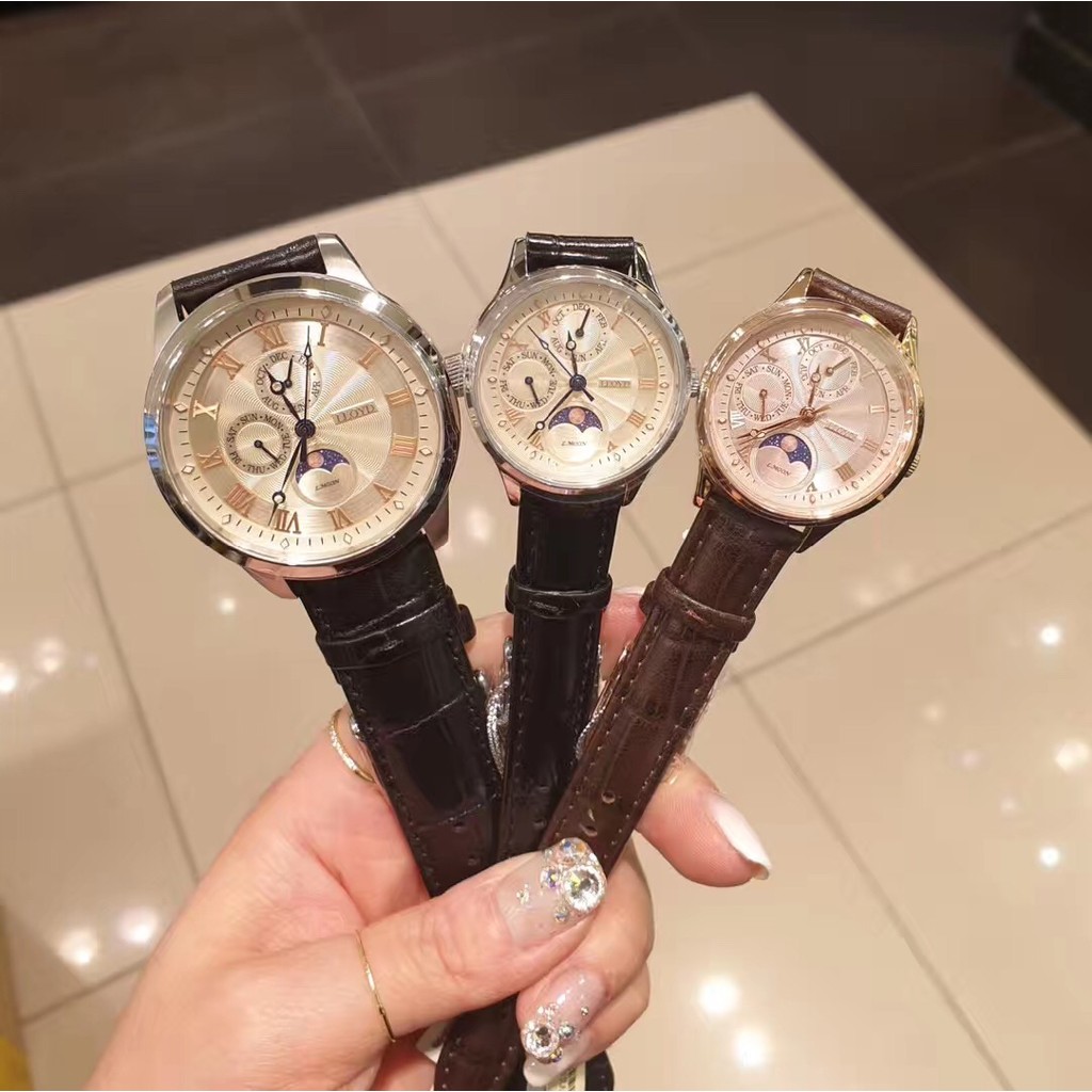 เคาน์เตอร์เกาหลี ของแท้ LLOYD นาฬิกาคู่รักสไตล์ใหม่สามตา Sun Moon Stars เข็มขัดนาฬิกาคู่