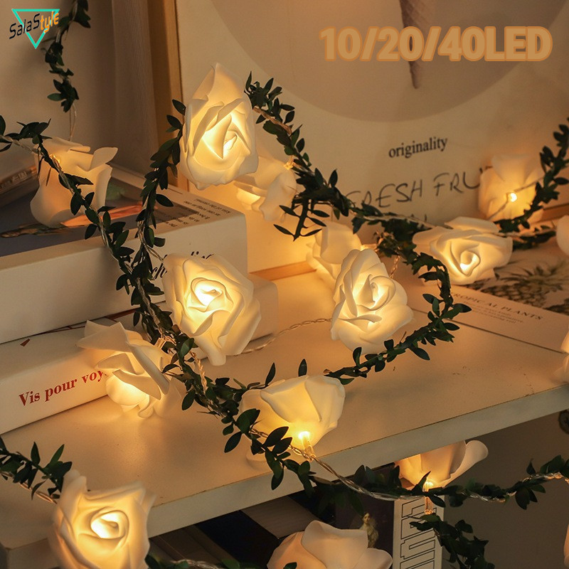 พร้อมส่ง ไฟตกแต่ง กุหลาบจำลอง 10/20/40LED  โคมไฟสวย ทนฝน ทนแดด  สวน และกลางแจ้ง ตกแต่งคริสต์มาส