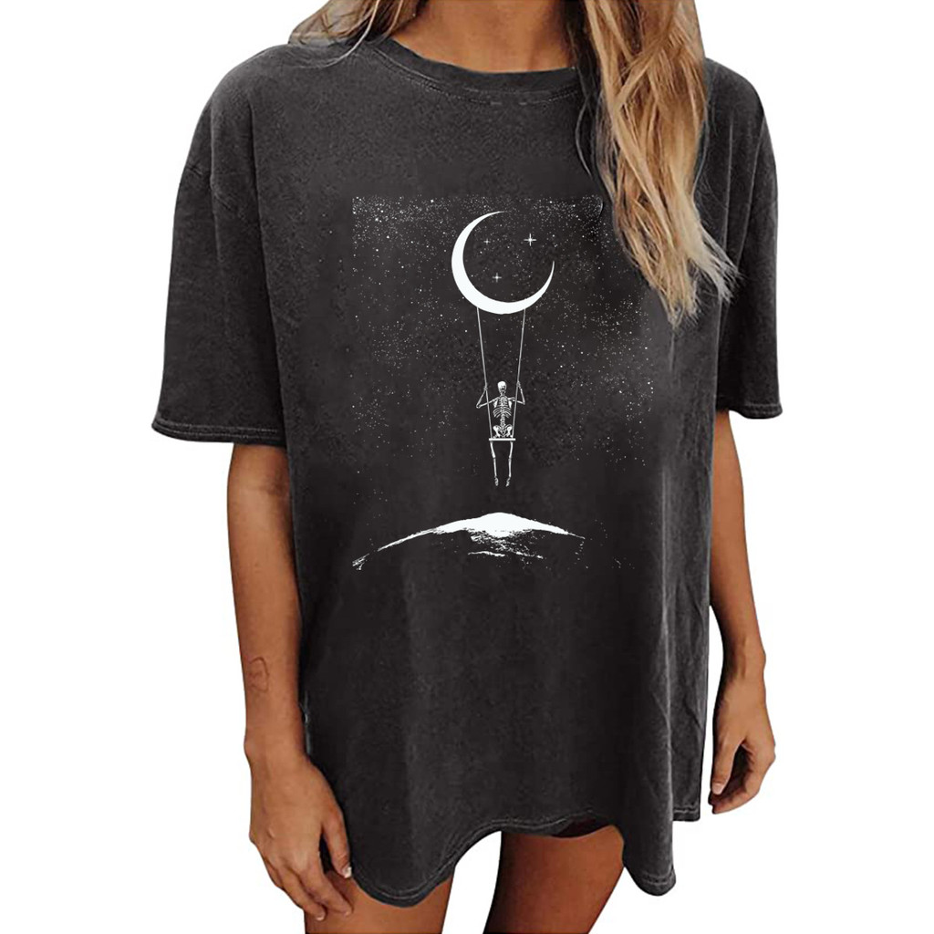 Top Round Bright แขนสั้นรอบคอ Skull Chimonth Dropped ไหล่ Retro ยุโรปอเมริกันฤดูใบไม้ร่วงผู้หญิงเสื้