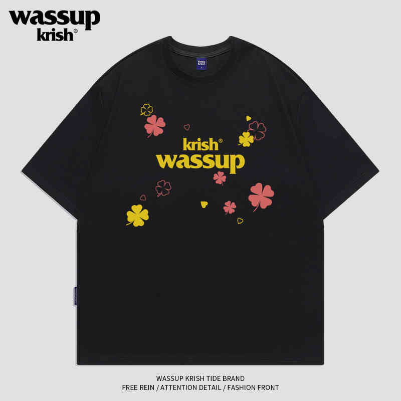 WASSUP KRISH ฤดูร้อนสไตล์ใหม่เสื้อยืด Heavy National อินเทรนด์สบายๆรอบคอพิมพ์ผู้ชายผู้หญิงคู่ผ้าฝ้าย