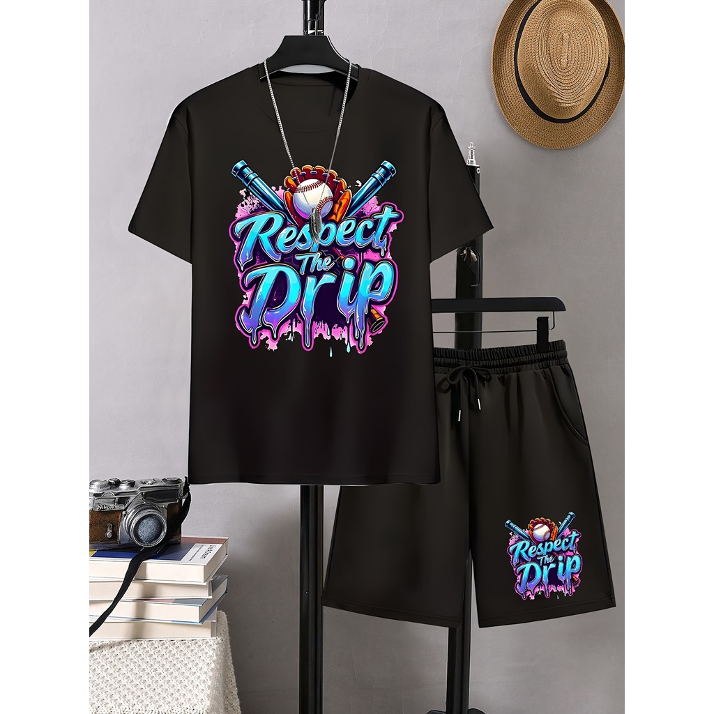 ชุดเสื้อยืดกางเกงขาสั้นเด็กชาย Respect the Drip สีดำพิมพ์สันส่วนผสมพอลิเอสเตอร์เหมาะฤดูร้อนกลางแจ้ง