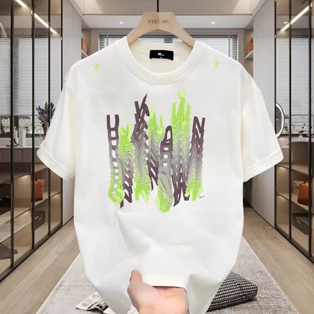 ผ้าฝ้ายแท้อินเทรนด์ ปลาค็อด23 ผู้ชายด้านบนผ้าฝ้ายแท้รอบคอสีขาวกรัมครึ่งแขนเสื้อยืดใหม่ บาง-พอดี พิมพ