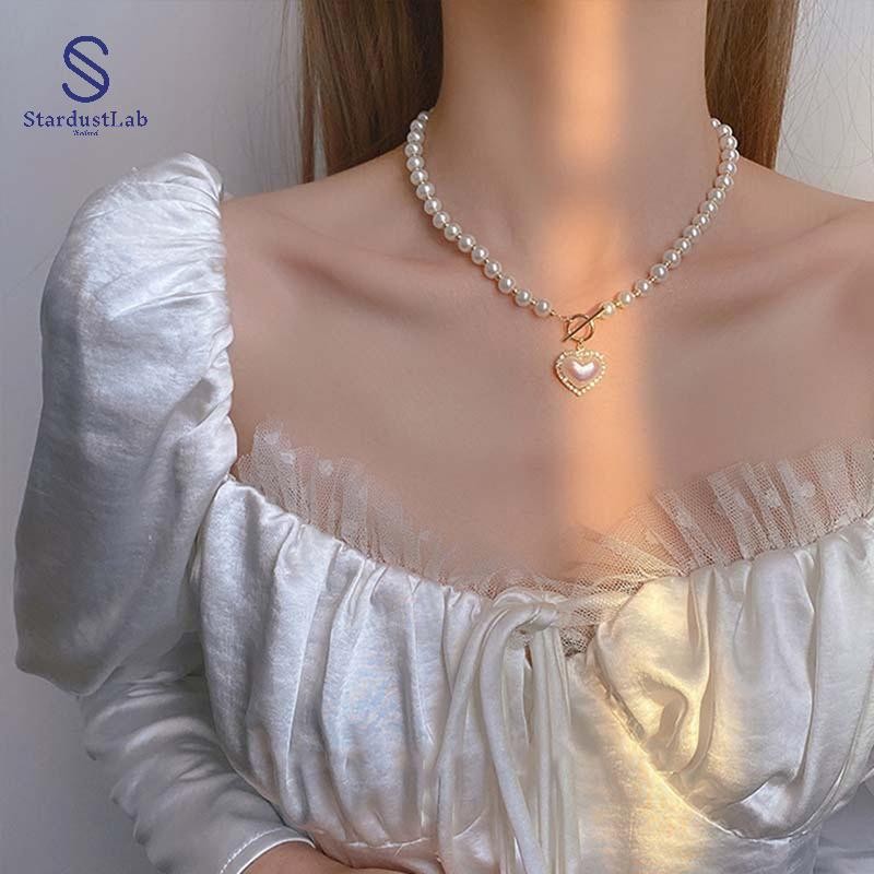 StardustLab เกาหลี Elegant เครื่องประดับสร้อยคอไข่มุกสุภาพสตรี Rhinestone Shell Heart จี้ SDL