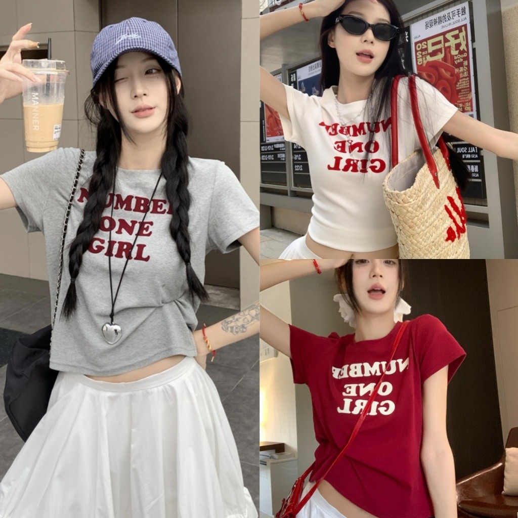 Bella shop จัดส่งที่รวดเร็ว เสื้อยืดทรงซ้อ เสื้อพิมพ์ลาย แขนสั้น สไตล์อเมริกัน ย้อนยุค