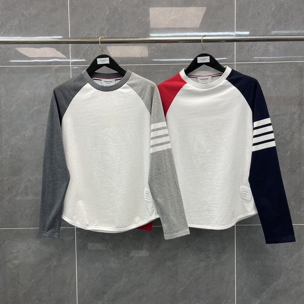 0M0E TB THOM Autumn Classic Style Classic Striped Four-Bar Color Block Thin Long Sleeve T Shirts for