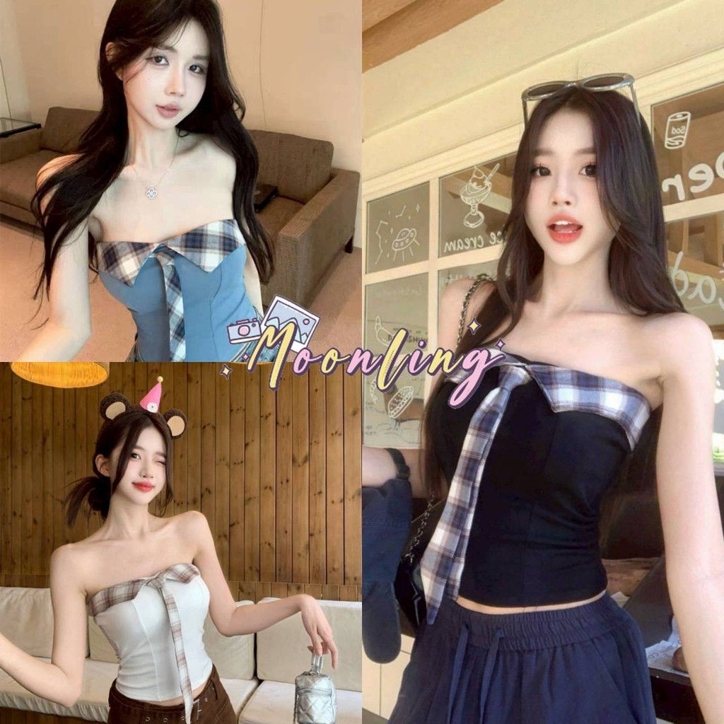 🌜Moonling🌛พร้อมส่งจากไทย เสื้อเกาะอกเสริมฟองน้ำ ดีเทลสียีนส์ ใส่เที่ยวเก๋ๆมาก *FY33037*