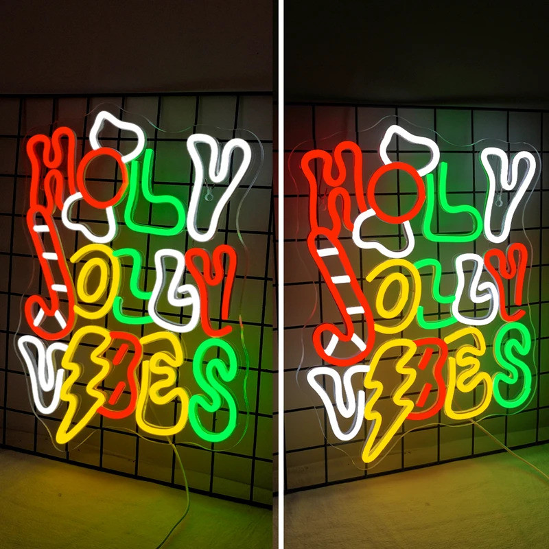 Holy Jolly Vibes Christmas Neon Sign 5V USB หรี่แสงได้สําหรับห้องนั่งเล่น Home Business Store Bistro