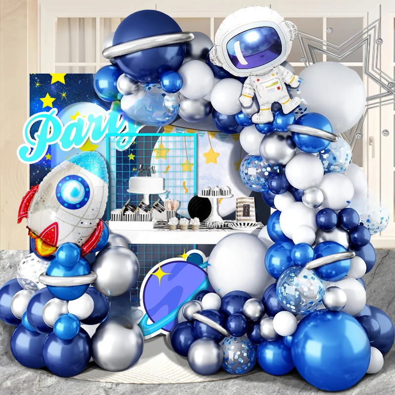 102 ชิ้น Rocket นักบินอวกาศธีมอวกาศด้านนอก Navy Blue Metallic Sliver ลูกโป่ง Latex Garland Arch Boys Birthday Party ตกแต่ง