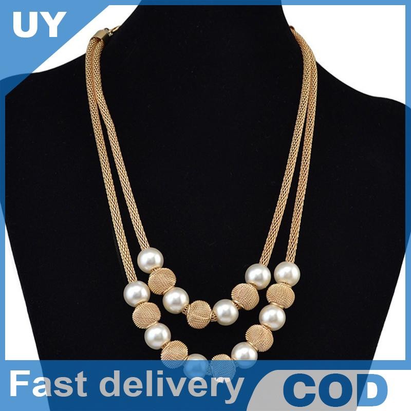 สร้อยคอนาทีฟสำหรับผู้หญิง แบบสองชั้นมีตาข่ายรอบ พร้อมลูกป�arlปลอมและcharmในลักษณะลูกบอล เครื่องประดั