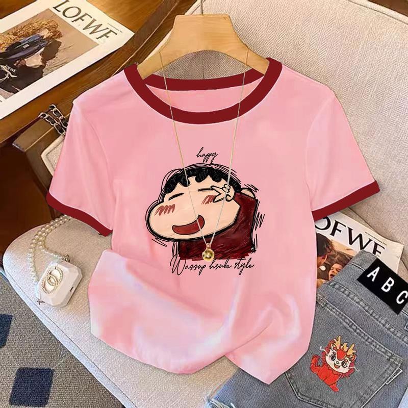 เสื้อครอปฤดูร้อนอเนกประสงค์สาวอ้วนสุดฮิต บางบางคอกลมแขนสั้น สวมสบายตลอดวัน ทรงสลิมฟิตรัดรูปแสดงผอมได้ชัดเจน พิมพ์ล