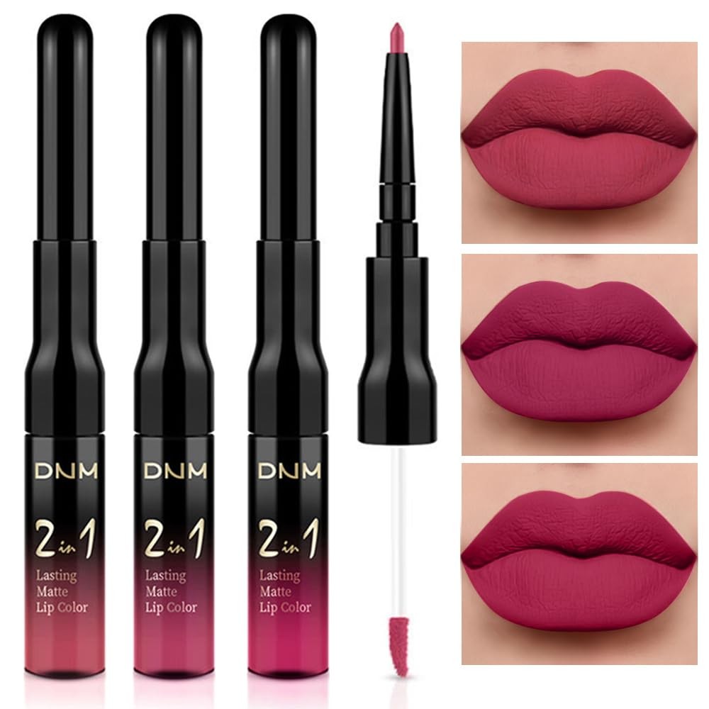 Evpct 3 ชิ้น Mauve สีชมพู Berry สีชมพู Rose red Lip Stain สี Matte Lip Liner และลิปสติกชุด Long Last