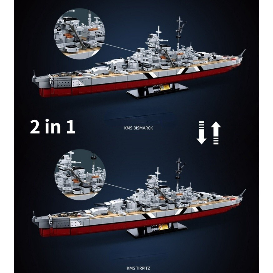 TOP ขายใหม่ 1849PCS MOC WW2 2in1 KMS Bismarck Tirpitz Battle เรือเรือรบรุ่นของเล่นอาคารบล็อกอิฐของขว