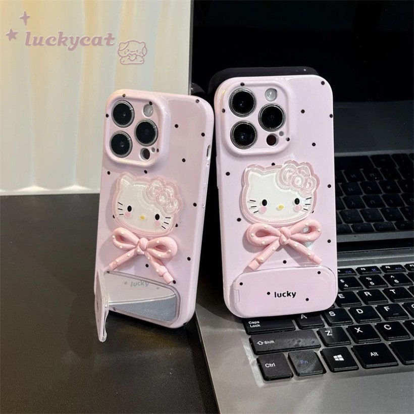 ใช้งานร่วมกับiPhone 17 16 15 14 13 12 11 Pro Max X Xr Xs Max 7 8 Plus SE2020 เคสโทรศัพท์ 3D DIYน่ารักจุดสีชมพูโบว์KT Cat + กระจกคู่Bling Clearฝาครอบโทรศัพท์