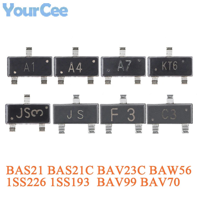 100pcs BAW56 A1 BAV70 A4 BAV99 A7 BAV23C KT6 BAS21C JS3 BAS21 JS193 SOT-23 SMD สวิทช์ไดโอด 1SS226 C3