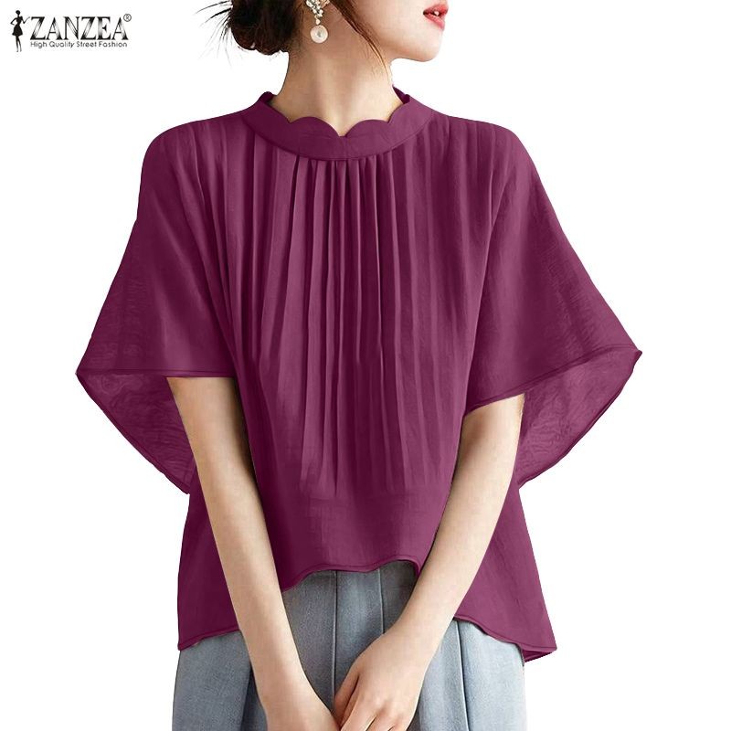 ZANZEA สเวตเตอร์แซนเดียสำหรับผู้หญิง สไตล์เกาหลีหรูหรา แขนสั้น สีทึบ