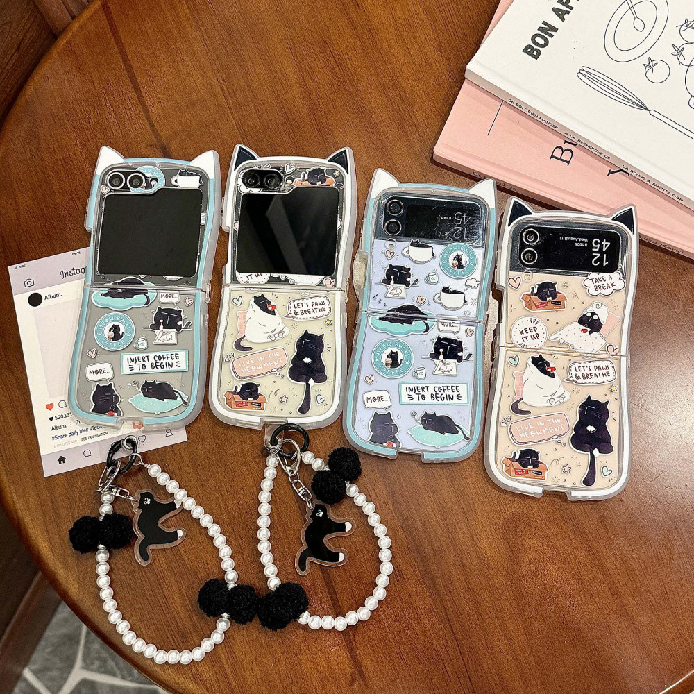 หูแมว-Sleeping Cat & Coffee Cat เหมาะสําหรับ Samsung Galaxy Z Flip7 เคสโทรศัพท์ Simple Z Flip6/5 สไต