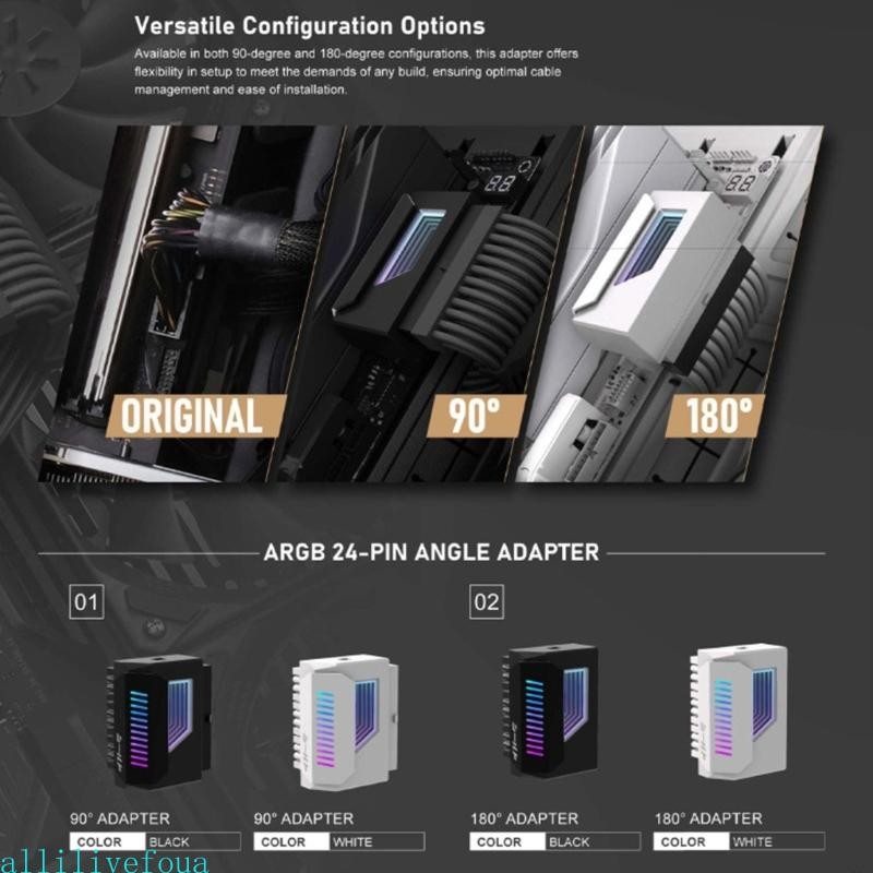 Allilivefoua 180° 24Pin Power Connectors พร้อมไฟ ARGB 24Pin 180 องศาตัวเชื่อมต่ออะแดปเตอร์สําหรับเมน