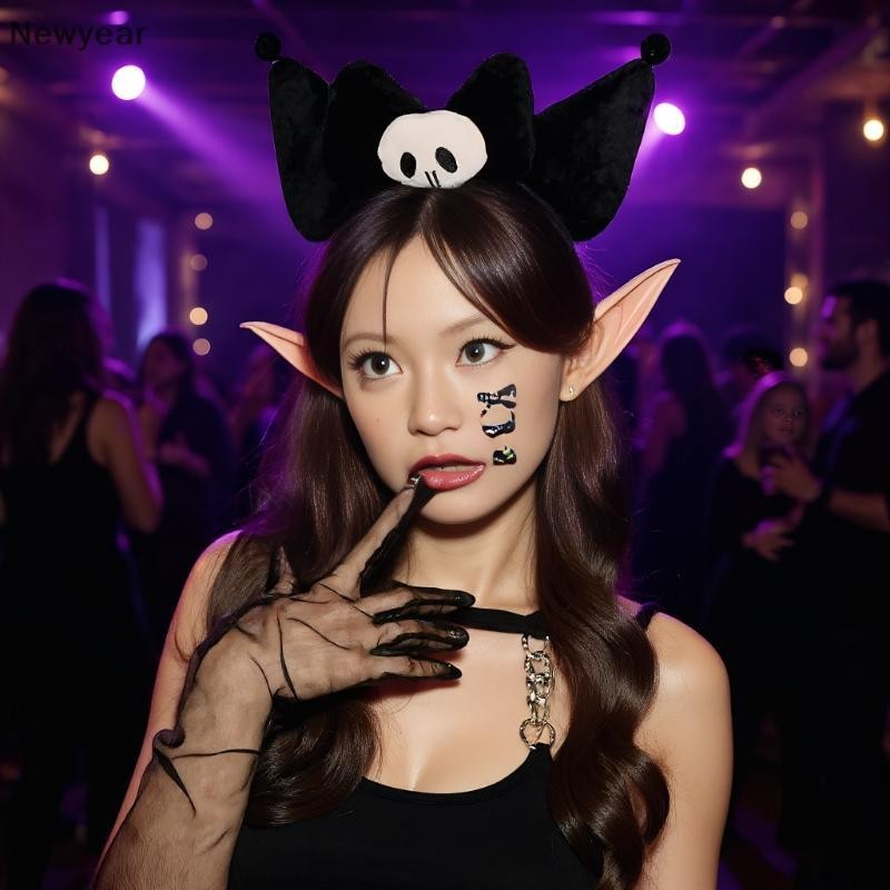 [VJW] ตลกฮาโลวีน Kuromi ตุ๊กตาเคล็ดลับหรือรักษาปาร์ตี้แต่งตัวผมตกแต่งสุขสันต์วันเกิดฮาโลวีน 2025 Gif