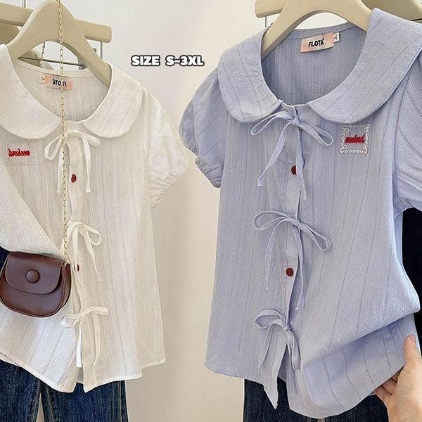 mimi&didi##เสื้อเชิ้ตคอปกตุ๊กตางานปัก เสื้อตัวบนไซส์ใหญ่ แขนสั้น สำหรับผู้หญิง ใส่หน้าร้อน แขนพัฟ กุทัณฑ์หวาน#W674