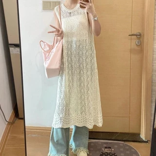 ชุดเดรสไหมพรม แขนกุดตัวยาว ขนาดฟรีไซส์ (Free Size) ไหมพรมตาข่ายระบายร้อน ซ่อนความเซ็กซี่ สลับใส่ได้ 2 แบบ