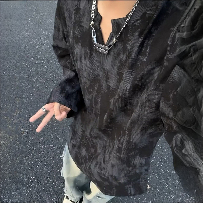 ง1008 อเมริกันย้อนยุคมัดย้อมแขนยาวเสื้อยืดผู้ชายต้นฤดูใบไม้ร่วงสวมใส่หลวมระดับไฮเอนด์คอวีเสื้อยืดด้านบนแฟชั่นถนนสวมผู้ชายพิมพ์เสื้อยืดออกแบบภายในด้านบนบา