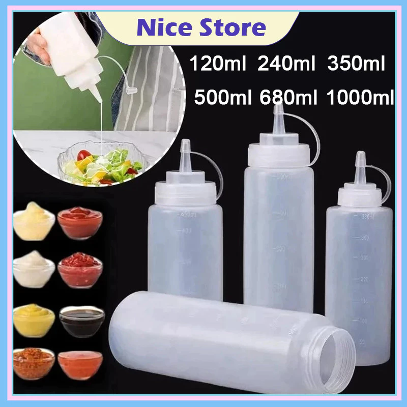 NICE ขวดซอสบีบขนาด ขวดบีบซอส ขวดใส่มายองเนส มีฝาปิด กันฝุ่น กันรั่ว สเกลใส ขวดปรุงรสพลาสติก กระปุกบีบปากแหลมพลาสติก