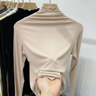 เสื้อยืดแขนยาวผู้หญิงแฟชั่นคอสูงสวย สไตล์เกาหลีเน้นสวมใส่สบาย เนื้อผ้าดีไม่ขึ้นขน ใส่ชั้นในหรือมิกซ์แอนด์แมทช์กับเสื้อคล