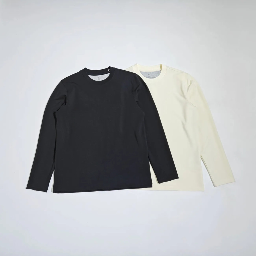Brunello Cucinelli เสื้อยืดแขนยาวคอกลมสีทึบสำหรับผู้ชาย