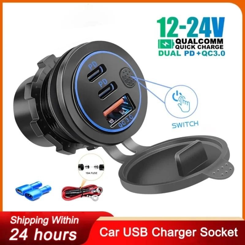 Car Charger Power Outlet Socket Dual QC3.0 Usb & Dual PD3.0 Fast Charging Outlet พร้อม Led โวลต์มิเตอร์กันน้ําสําหรับรถยนต์ 12-24V