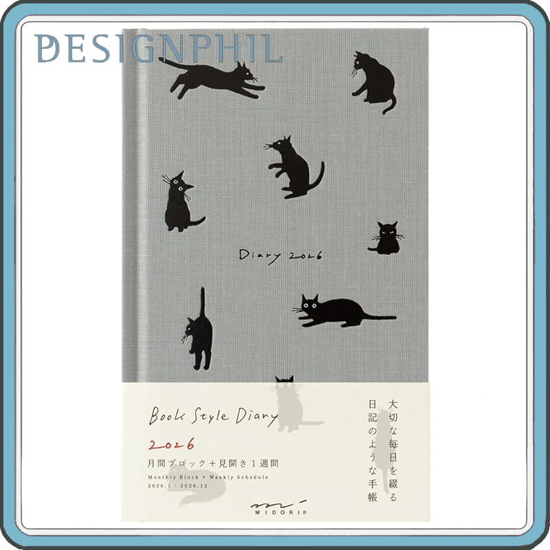 Midori Book Style Diary 2026 B6 Weekly Planner with Cat Pattern - Gray and Navy Variants (Starts Jan