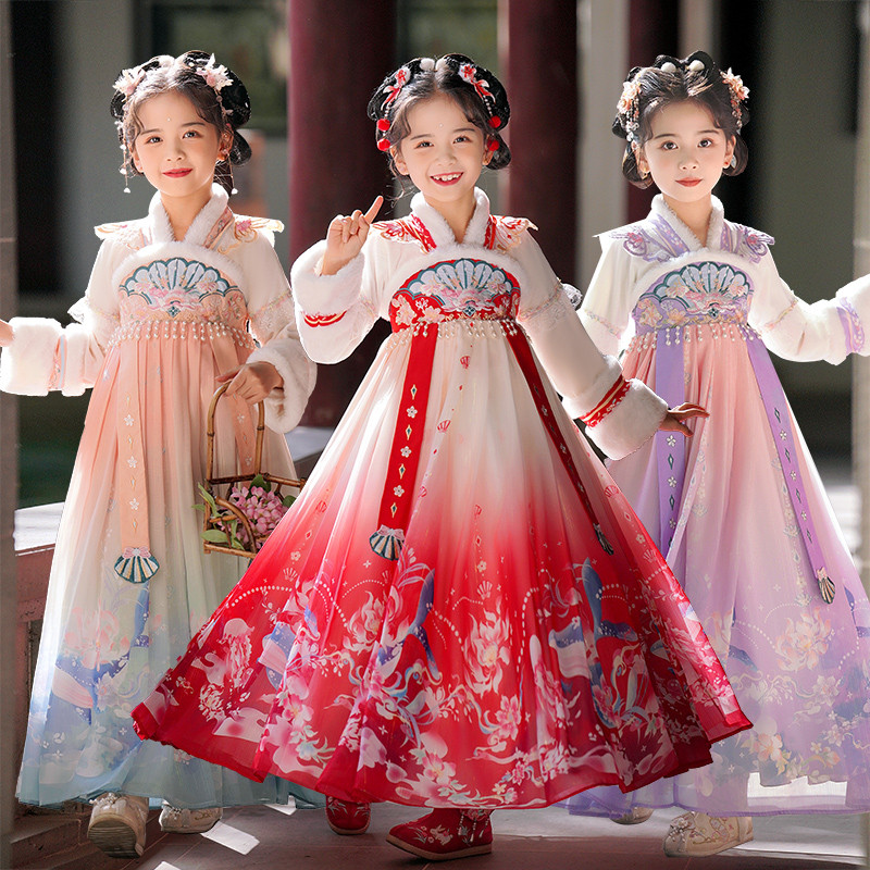 ชุดฮันฟูใหม่สำหรับสาว ออกแบบมาในสไตล์ฤดูหนาวพร้อมขนแกะ กระโปรงเด็กสไตล์จีน เครื่องแต่งกายโบราณสำหรับฤดูใบไม้ร่วงและฤดูหนาว