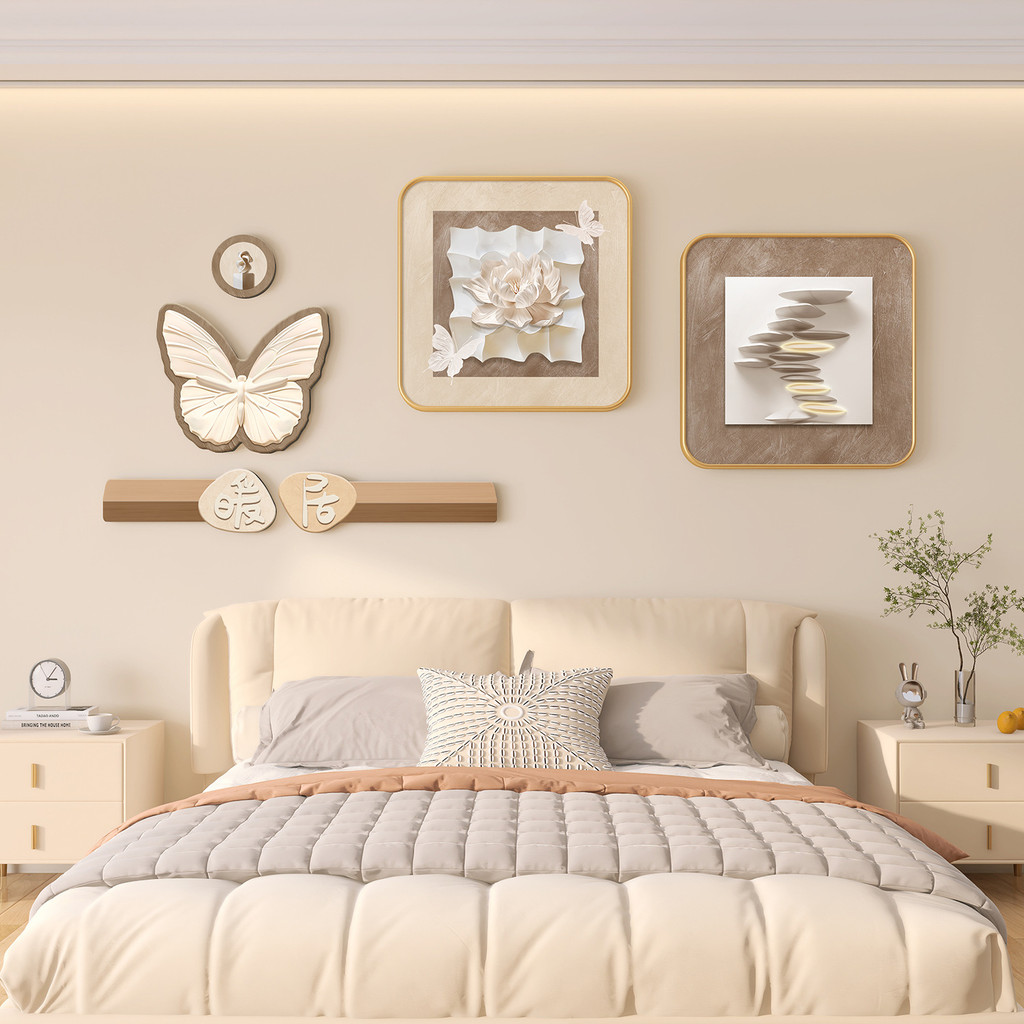 Cream-style bedroom headboard decorative painting, room background wall hanging painting, abstract w