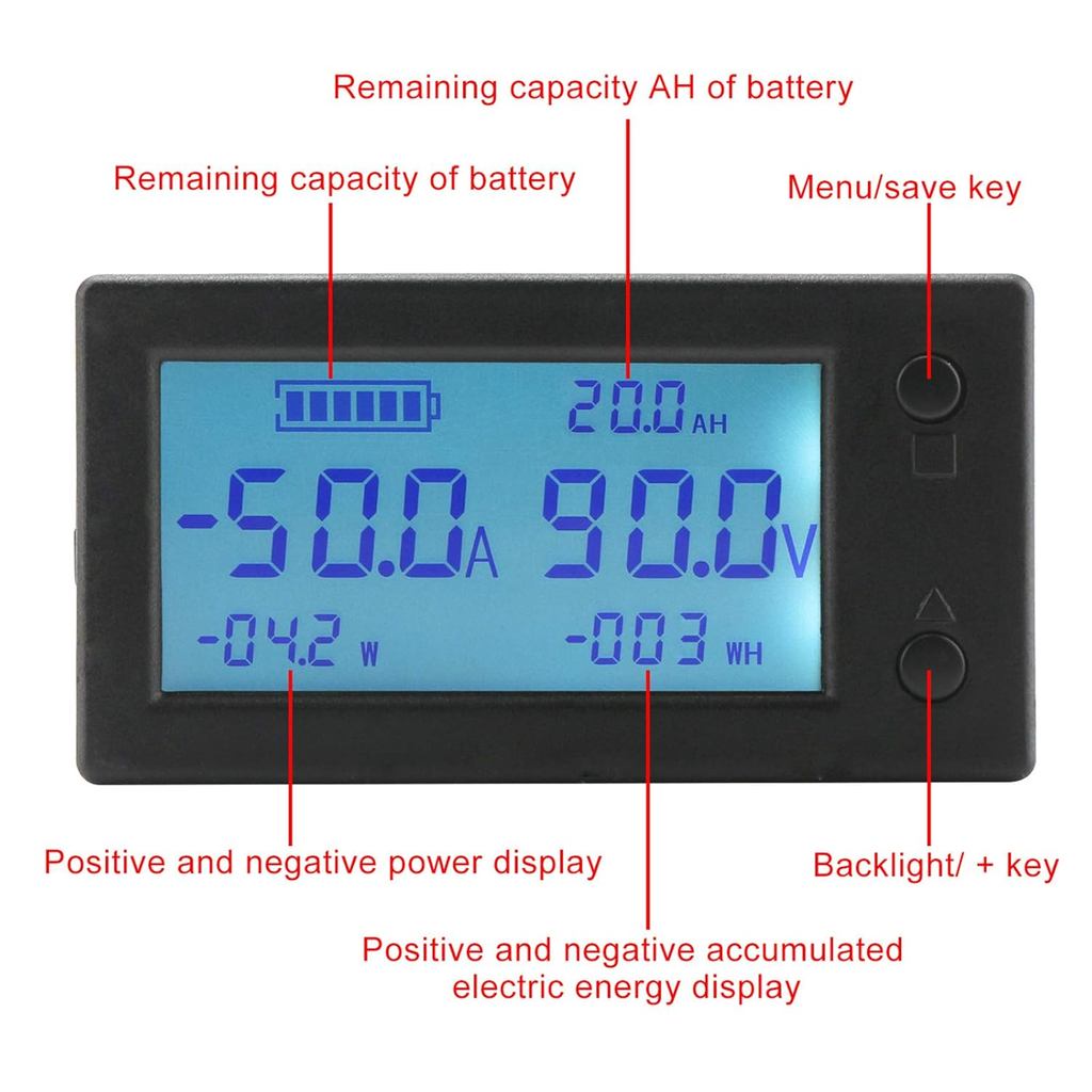 DROK Battery Monitor, Amp Volt Power Watt Meter DC 0-300V 200A STN LCD Display Panel Voltage Energy 