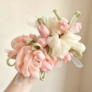 เกาหลีหวานโบว์ผูกผมสําหรับผู้หญิงอ่อนโยนต่ําบุญผมหางม้า Scrunchie เครื่องประดับผม