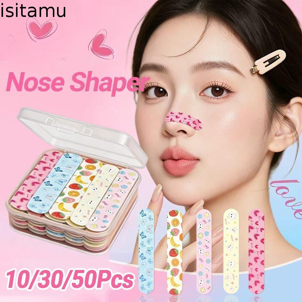 ISITAFT 10/30/50 ชิ้นสติกเกอร์สร้างจมูก, ยืดหยุ่นสร้างแถบยกจมูกแบบปรับได้, ผ้าสปันจ์ระบายอากาศการ์ตูน 16D Contour กระดูกสันหลังปีกจมูกสติกเกอร์กระชับสัดส่วน