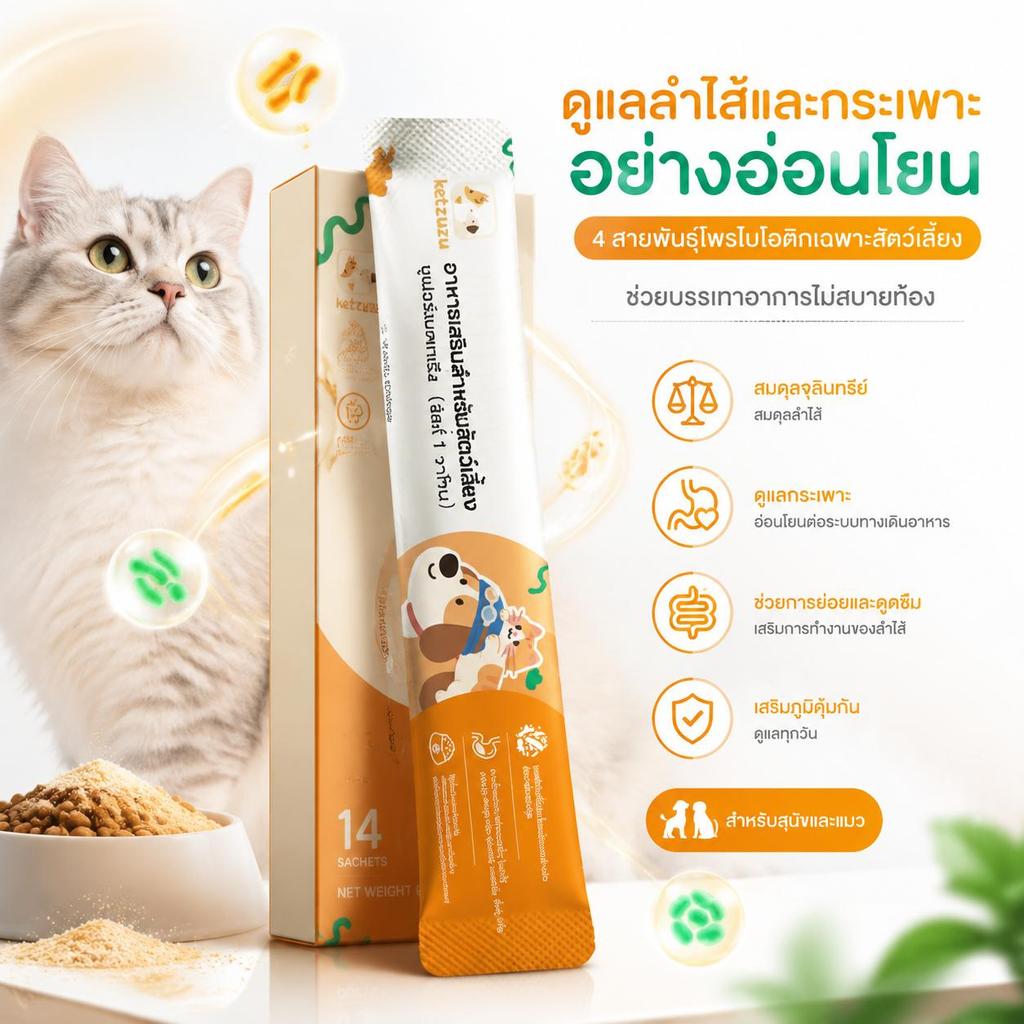 Ketzuzu 12/24 แพ็ค วิตามินแมว เสริมภูมิคุ้มกันแมว โปรไบโอติกผง ช่วยดูแลแมวช่วงเครียดหรือย้ายบ้าน 14g