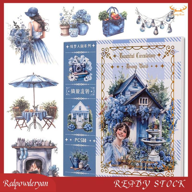Garden Junk Journal สติ๊กเกอร์- อุปกรณ์สมุดภาพ, สมุดสีน้ํา, สําหรับผู้ใหญ่- 50 แผ่นสีฟ้า