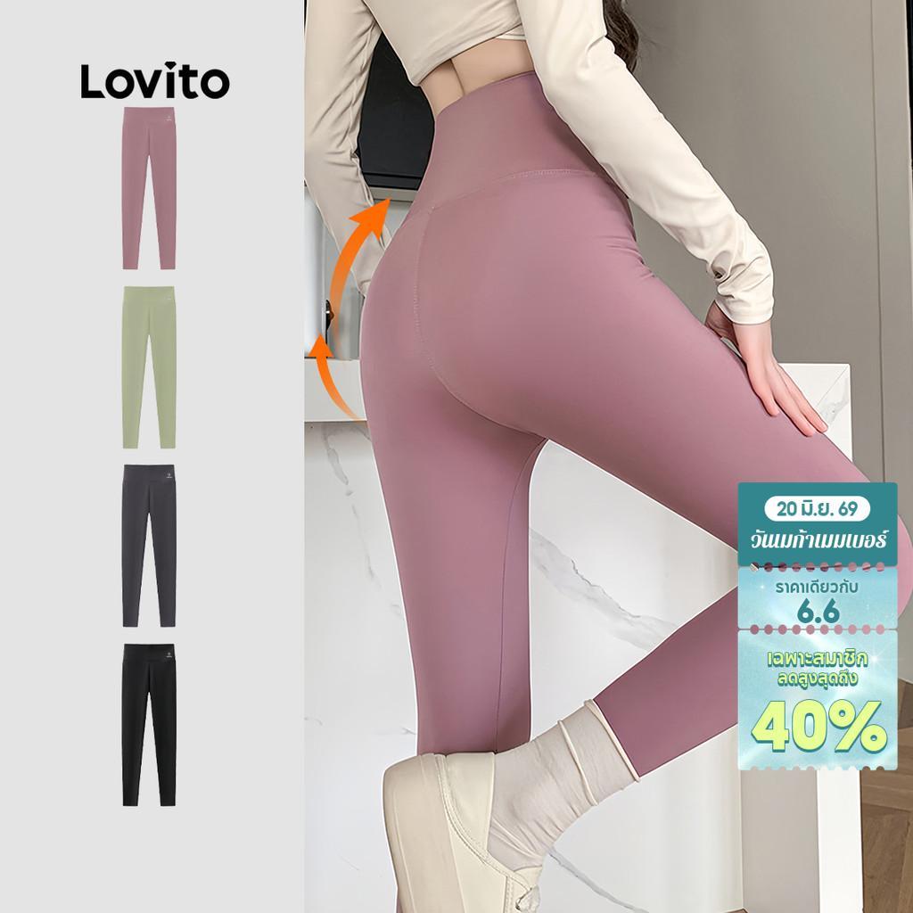 Lovito Casual เลกกิ้งสปอร์ตสไตล์สปอร์ตี้ ยกบ derrière มีเส้นดีไซน์ ลวดลายง่าย สีชมพู สำหรับฟิตเนสวิ่งโยคะ สำหรับผู้หญิง LNA140029