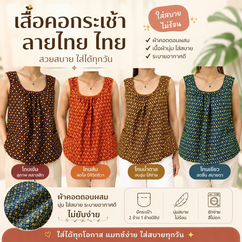 เสื้อคอกระเช้า แบบคอถัก ลายไทย ไทย ผ้าคอตตอน มีกระเป๋า 2 ข้าง คอพวง ไม่บาง ไม่ใช่ผ้ารุ่นถูก G01