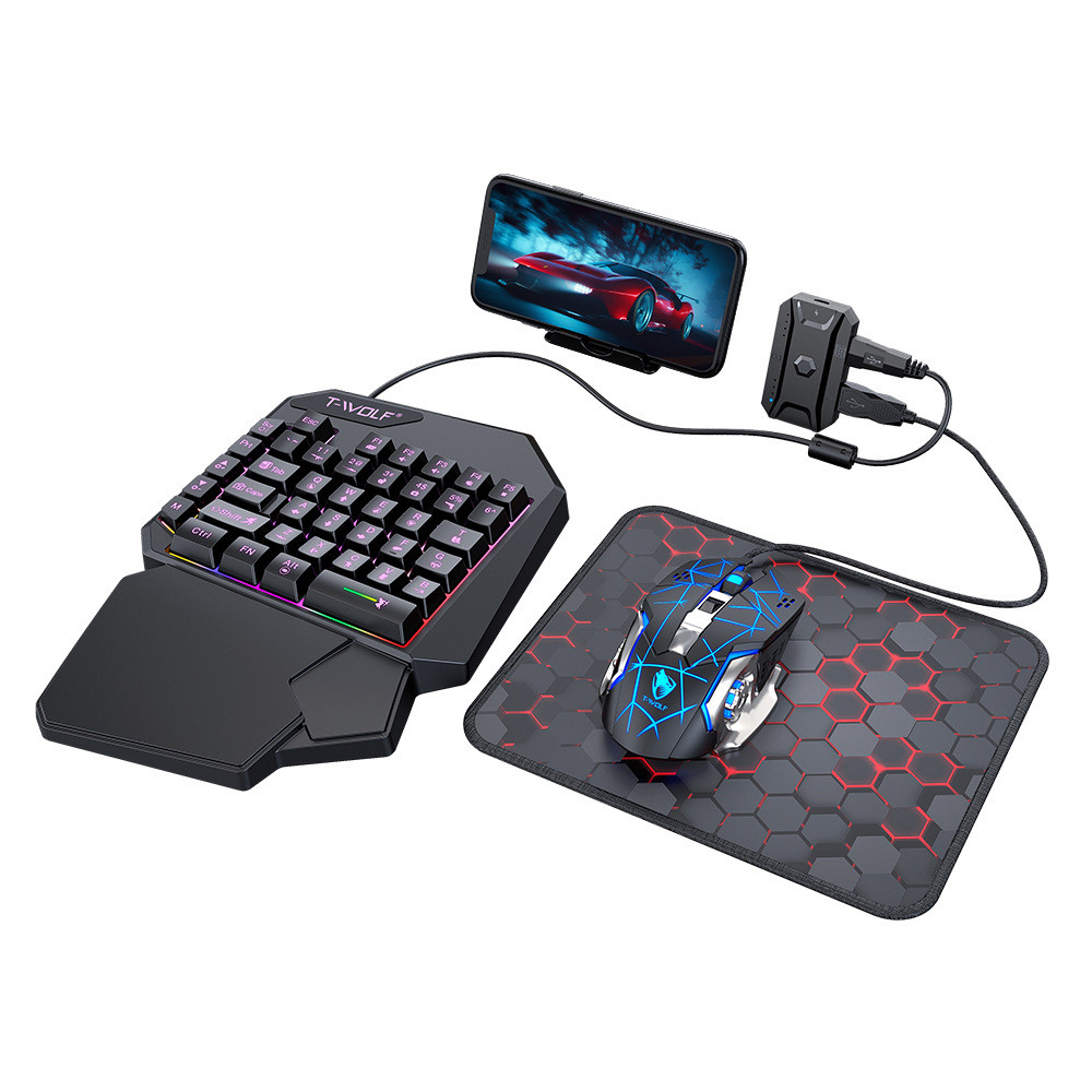 T-WOLF TF950 5-in-1 คีย์บอร์ดเกมชุดเมาส์แปลงมือถือที่วางโทรศัพท์สําหรับ PUBG