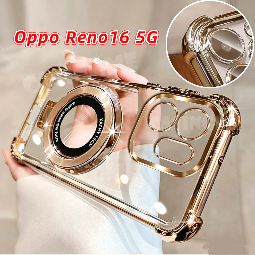 OPPO Reno16 5G 2026 หรูหราชุบโปร่งใสสําหรับ Oppo Reno16 Reno 16 F 16F Pro Plus + OppoReno16 5G 4G Magsafe Glitter แม่เหล็กขาตั้งเคสโทรศัพท์ฝาหลัง