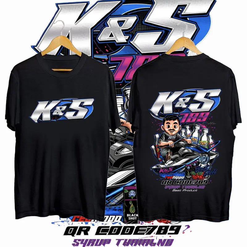 เสื้อยืดผู้ชายผู้ใหญ่ ออกแบบสองด้าน “K&S 789”! ด้านหลังมีลายคนขี่มอเตอร์ไซค์ สไตล์สปอร์ต น้ำหนักเบาเ