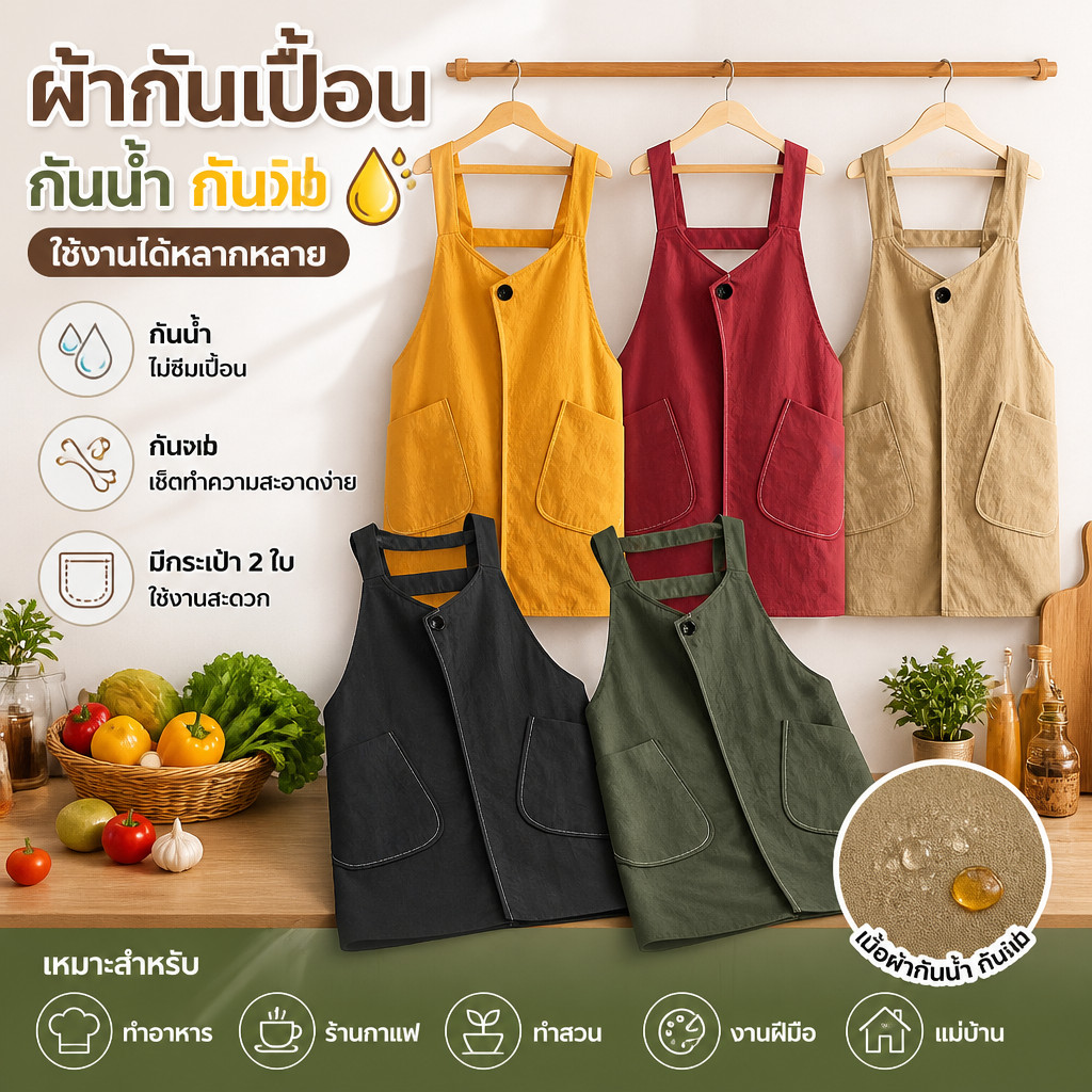 ผ้ากันเปื้อนน่ารักมีกระเป๋าหน้า-พร้อมกระเป๋าหน้ามีซิป เนื้อผ้า cotton ปรับสายได้