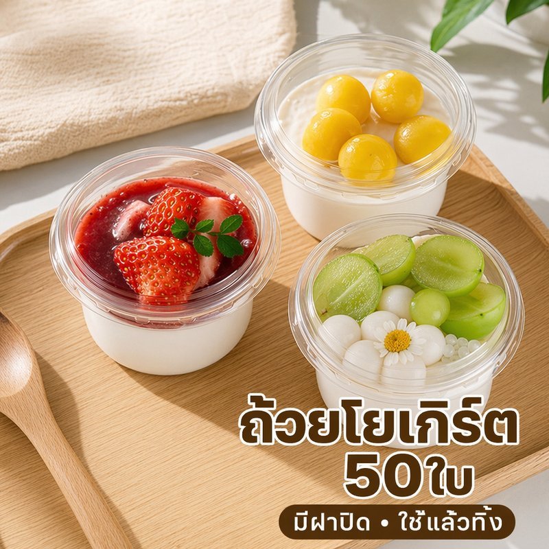 ถ้วยพุดดิ้ง PET โปร่งใส พร้อมฝาปิด ถ้วยโยเกิร์ต ถ้วยขนมหวาน 50 ชิ้น เหมาะสำหรับมูส ขนมหวาน