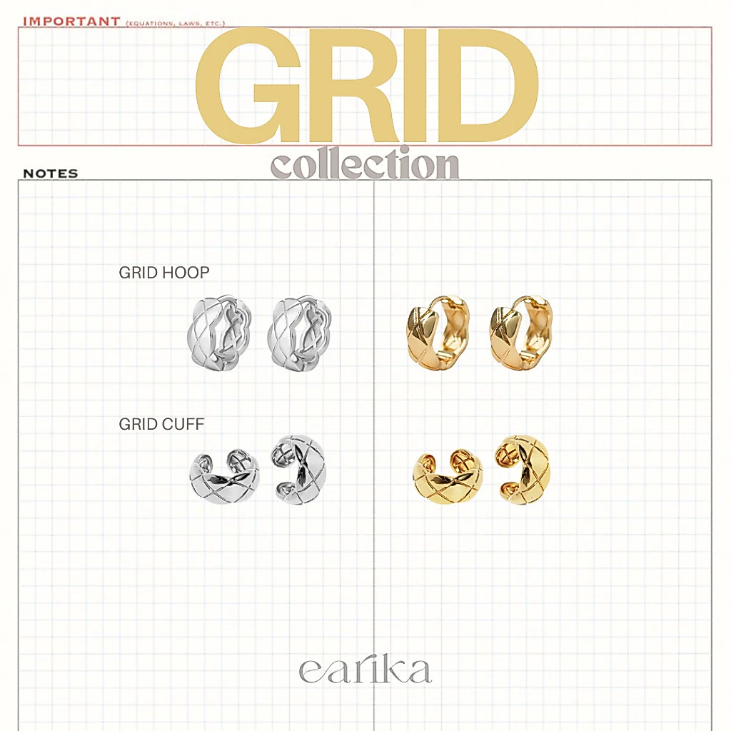 earika.earrings - grid collection ต่างหูห่วง/หนีบก้านเงินแท้ชุบทองคำขาวลายตาราง (มีให้เลือก 2 สี) ผิวแพ้ง่ายใส่ได้