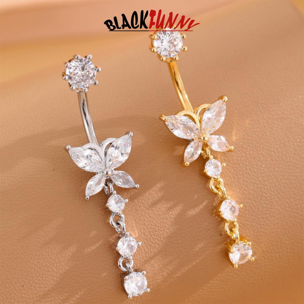 BLACKFUNNY Gold Tone สแตนเลสสตีล Belly ปุ่มแหวนดอกไม้ CZ คริสตัล Dangle สะดือแหวน Barbell เจาะเครื่อ