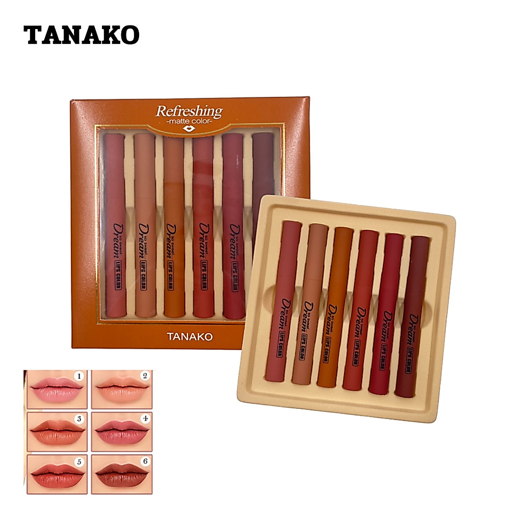 HT-072 ลิปสติกเนื้อเเมท TANAKO 6ชิ้น สีสวย ชัด ติดทนนาน