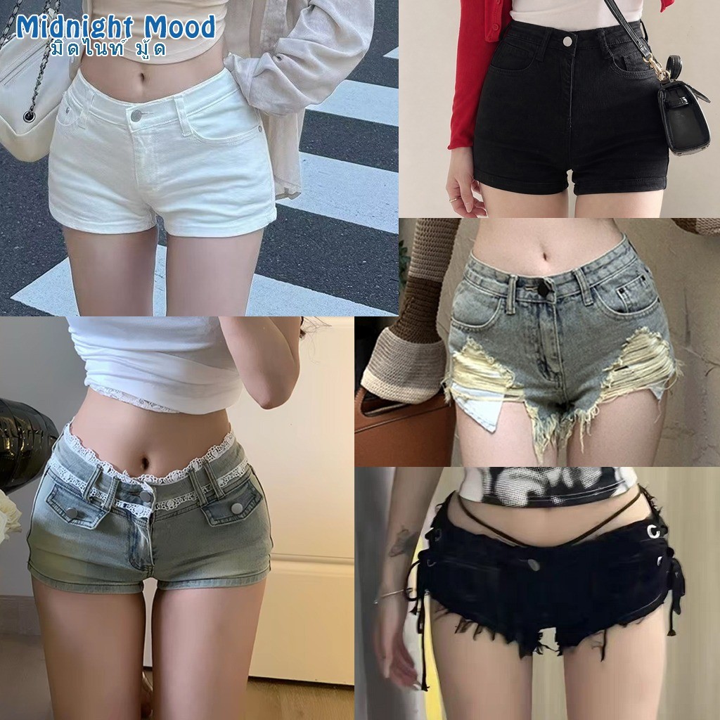 กางเกงขาสั้นเอวสูง พร้อมส่ง​ สีดำ ผ้ายืดรัดรูป ขาเด้ง ใส่เที่ยวสบาย แมททุกสไตล์​ #กางเกงยีนส์