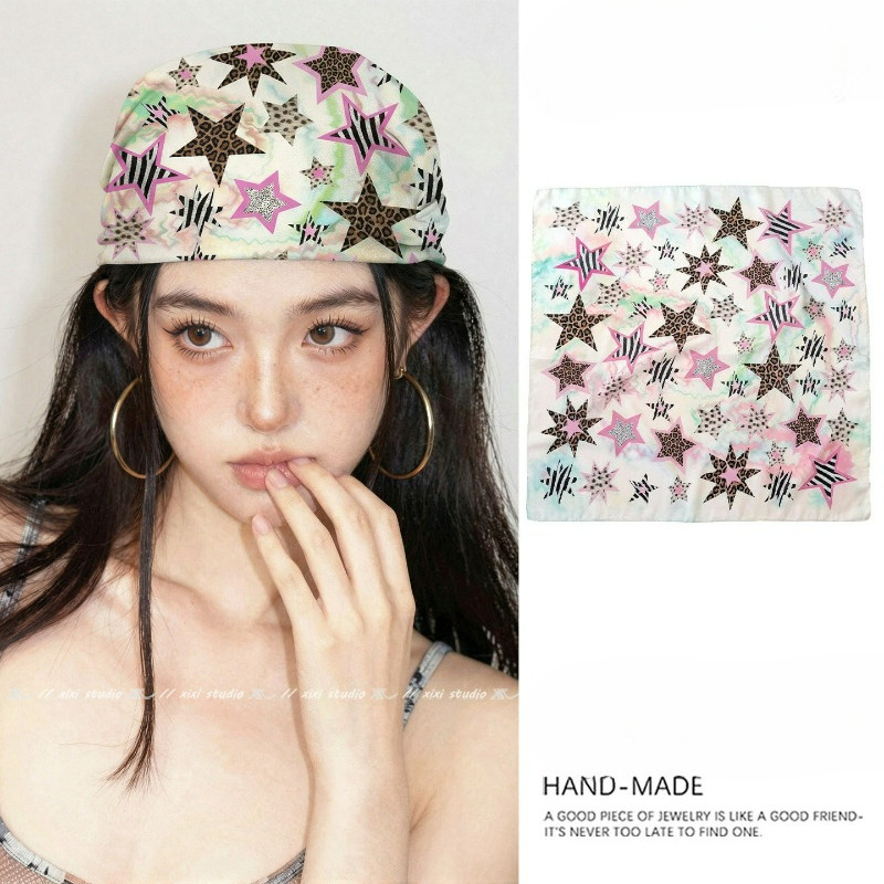 Retro Hot Girl Leopard Print Star Turban Sweet Cool Style Hair Scarf Wear Silk Scarf Accessories สินค้าใหม่