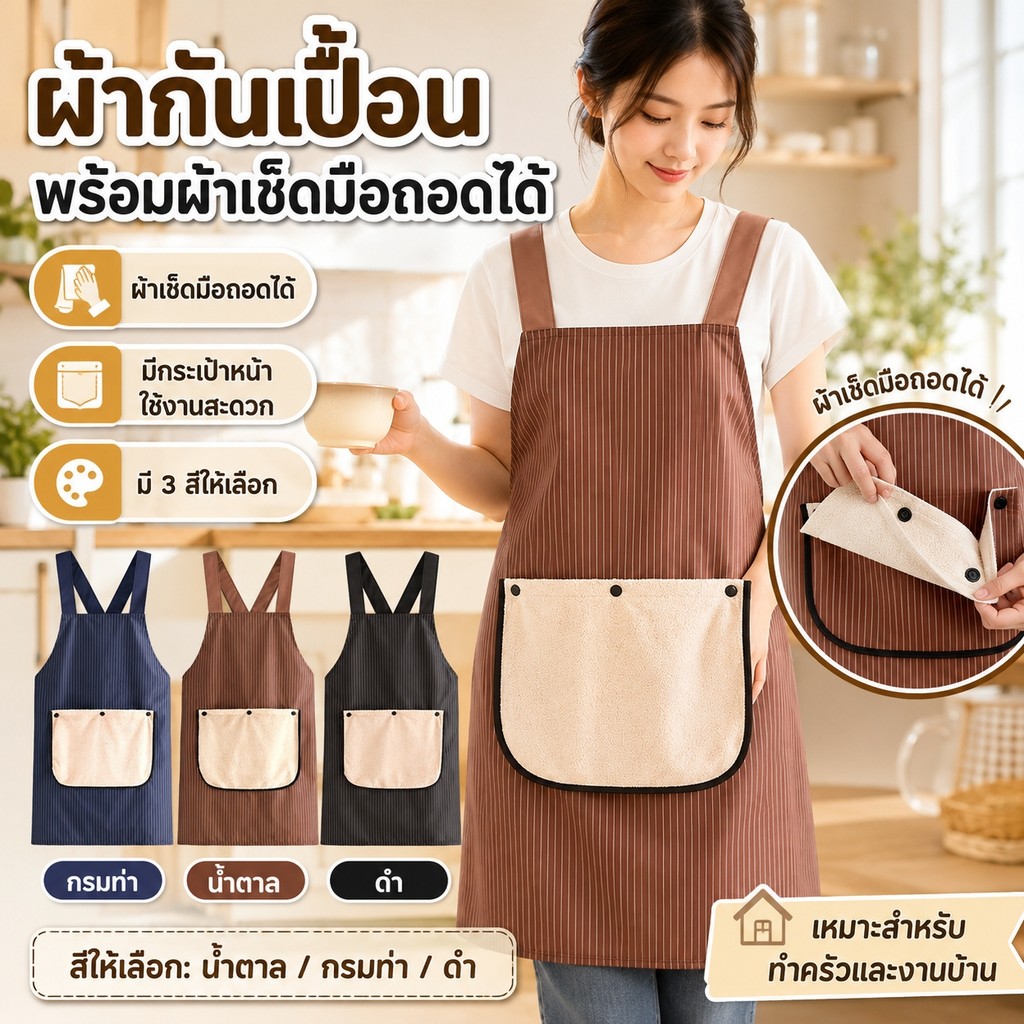 ผ้ากันเปื้อน (มีผ้าเช็ดมือในตัว)ระบายอากาศ กระเป๋าลึก กันน้ำ บ้านครัว/คาเฟ่/ชุดทำงาน
